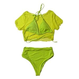 SHEIN Bright Lime Neon Green Bikini Set with Sheer Mesh Cover up Crop Top